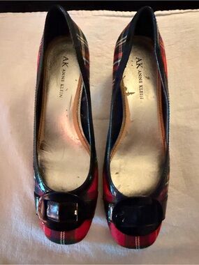 Anne Klein Red Plaid Ballet Flats with Black Patent Buckle